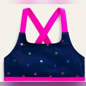 Cross back bikini top in rainbow foil confetti.  NWT size 13/14 youth